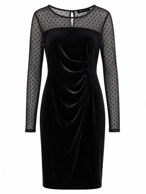 Black Collection Black Velvet Mesh Polka Dot Cocktail Dress Sheer Sleeve 16x39